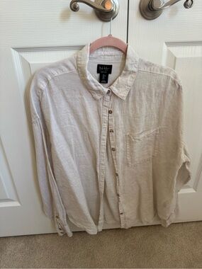Womens Linen Button-Down in natural beige. Size L.